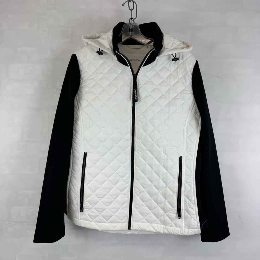 Calvin Klein Quilted Hooded Jacket White Black Zip Front‎ Women’s Size L